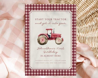 Red Tractor First Birthday Invitation Template | Farm Birthday Invite | Tractor Birthday Party | Little Farmer Birthday