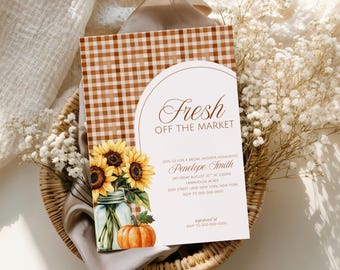Plantilla de Canva para invitación a despedida de soltera "Recién salida del mercado", invitación para despedida de soltera de otoño, girasol y calabaza, plantilla editable de Canva.