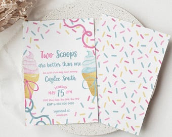 Twin Baby Shower Invitation | Two Scoops Baby Shower Invite | Ice Cream Baby Shower Twins | Boy Girl Twin Shower Editable Canva Template