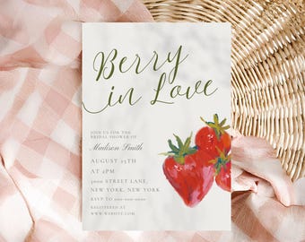 Berry in Love Bridal Shower Invitation, Strawberry Bridal Shower Invite, Berry Bridal Shower, Summer Bridal Shower, Editable Canva Template