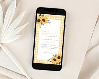 Sunflower Baby Shower Mobile Invitation | A Little Sunflower Is On The Way | Yellow Gingham Theme | Editable Canva Template b02s