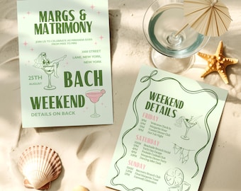 Margs & Matrimony Bach Weekend Invitation Template | Coastal Bachelorette Itinerary | Editable Beach Bach Invite | Canva Editable Template