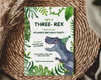 Three-Rex Birthday Invitation Template, Dinosaur Birthday Invite, T Rex Birthday Party Invitation, Dino Party Invite, Canva Template