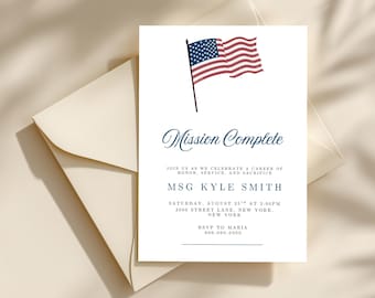 Plantilla de Canva para invitación de jubilación militar, invitación a fiesta de jubilación, invitación a ceremonia de jubilación del ejército, plantilla editable de Canva.