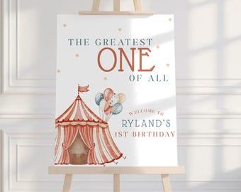 Circus Welcome Sign Template, Birthday Welcome Sign, Circus First Birthday Poster, Carnival Party, Editable Canva Template b03g