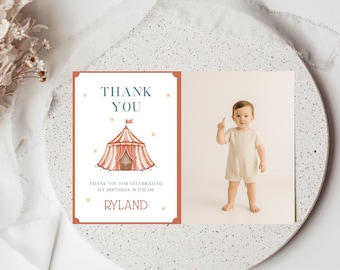 Circus Birthday Thank You Card Template, Circus Photo Thank You Card, Greatest One of All Thank You Card, Editable Canva Template b03g