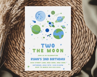 Two the Moon Birthday Invitation | Space 2nd Birthday Invitation | Outer Space Birthday Invite | Planet Birthday Party | Canva Download