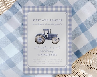 Blue Tractor First Birthday Invitation Template | Farm Birthday Invite | Tractor Party Invitation | Boy 1st Birthday Invite