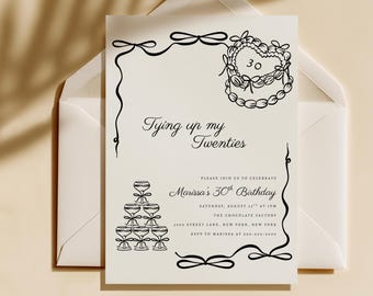 Tying Up My Twenties 30th Birthday Invitation, Heart Cake Invite, Coquette 30th Party Invite, Editable Canva Template