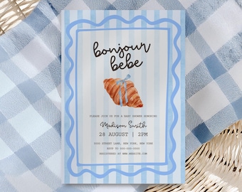Bonjour Bebe Baby Shower Invitation Template | Blue French Baby Shower Invite | Editable Canva Template