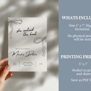 May include: A digital invitation card with the text "she untied the knot" and "Mariah's Divorce". The card is 5" x 7" and includes event details. The design features bow illustrations.