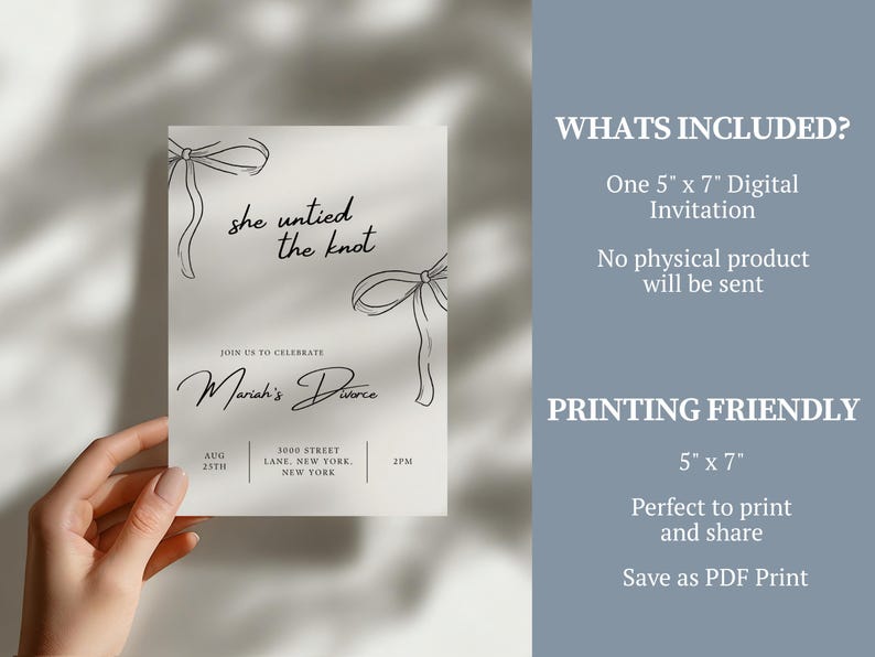 May include: A digital invitation card with the text "she untied the knot" and "Mariah's Divorce". The card is 5" x 7" and includes event details. The design features bow illustrations.