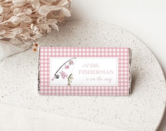 Fishing Baby Shower Chocolate Bar Wrapper, Girl Fishing Baby Shower Candy Bar Wrapper, Editable Canva Printable b04f