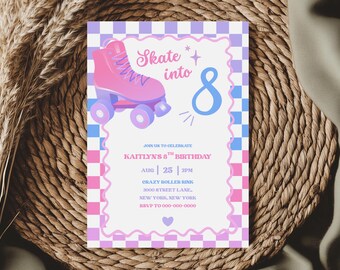 Skate into 8 Birthday Invitation | Roller Skate Party Invite | Retro Skate Birthday | Girl Birthday Party | Editable Canva Template