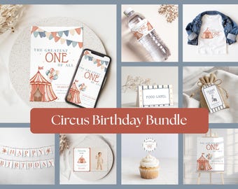 Paquete de cumpleaños de circo, decoración para fiesta de cumpleaños "El mejor primer cumpleaños", conjunto de invitaciones para el primer cumpleaños de niño, plantilla editable de Canva