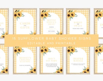 Sunflower Baby Shower Signs Bundle  | Baby Shower Decor Pack | Sunflower Theme | Editable Canva Template b02s