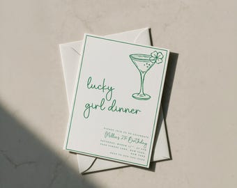 Lucky Girl Dinner Invitation St Patrick’s Day Adult Birthday Invite Green Minimalist Birthday Invitation Editable Canva Template