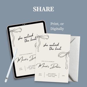 May include: An invitation design with the text "she untied the knot" and "Mariah's Divorce". The design includes a tablet, a printed card, and a white envelope. The invitation is available to print or use digitally.
