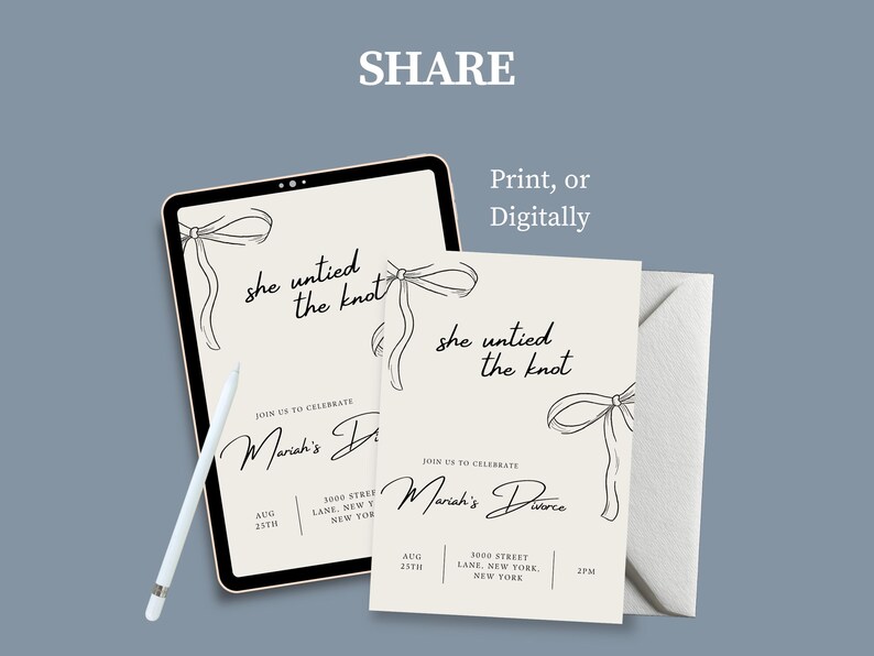 May include: An invitation design with the text "she untied the knot" and "Mariah's Divorce". The design includes a tablet, a printed card, and a white envelope. The invitation is available to print or use digitally.