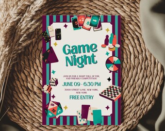 Plantilla de Canva para invitación a noche de juegos, invitación a fiesta de juegos de mesa, folleto para noche de juegos familiares, plantilla editable de Canva.