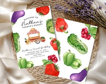 Invitación de cumpleaños para el mercado de agricultores. Invitación para una pequeña fiesta en el mercado de agricultores. Invitación de cumpleaños en el jardín. Plantilla editable de Canva.