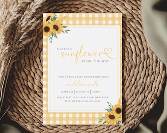Sunflower Baby Shower Invite Little Sunflower On The Way Invitation Rustic Sunflower Baby Shower  Editable Canva Template b02s