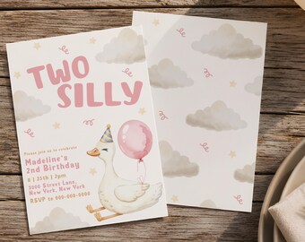 Two Silly Goose Birthday Invitation, 2nd Birthday Invitation Girl, Editable Goose Birthday Invite, Editable Canva Invite
