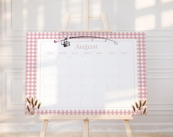 Fishing Baby Shower Calendar Sign, Due Date Prediction Calendar, Girl Fishing Baby Shower Game, Pink Gingham, Editable Canva Template b04f