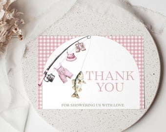 Fishing Baby Shower Thank You Card, Girl Fishing Baby Shower Favor Tag, Little Fisherman Thank You Card, Editable Canva Template b04f