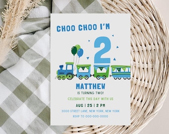Choo Choo I'm Two Birthday Invitation | Train 2nd Birthday Invite | Train Birthday Invitation | Boy Birthday Party | Canva Editable Template
