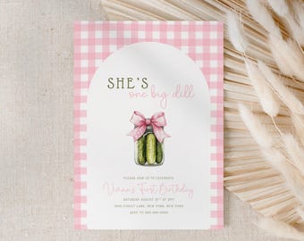 She’s One Big Dill Birthday Invitation | Pickle First Birthday Invite | Funny Girl 1st Birthday Party | Pink Gingham Theme | Editable Canva