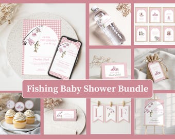 Girl Fishing Baby Shower Bundle, Pink Fishing Baby Shower Decorations, Editable Invitation, Welcome Sign, Editable Canva Template b04f