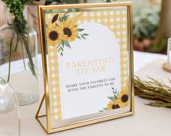 Parenting Tips Sign & Cards Printable, Sunflower Baby Shower Advice Cards, Baby Shower Activity Game, Editable Canva Template b02s