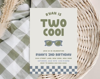 Two Cool Birthday Invitation | 2nd Birthday Invitation | Sunglasses Birthday Invite | Second Birthday Party | Canva Editable Template