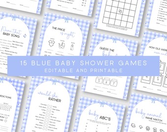 Blue Gingham Baby Shower Games Bundle, Baby Boy Shower Games, Editable Canva Template. Boy Baby Shower Games