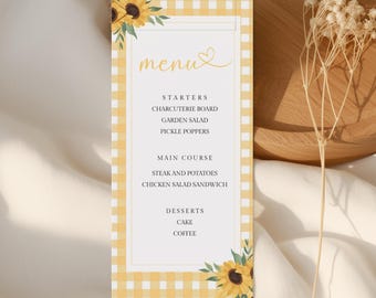 Baby Shower Menu Template Printable, Sunflower Baby Shower Menu Sign, Editable Canva Menu, Food Table Sign, Instant Download b02s