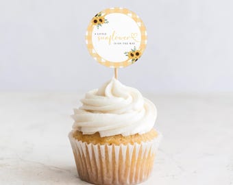 Sunflower Baby Shower Cupcake Topper | Yellow Gingham Sunflower | Baby Shower Decor | Editable Canva Printable b02s