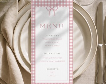 Fishing Baby Shower Menu Template, Girl Fishing Baby Shower Menu, Pink Gingham Menu Card, Printable Party Menu, Canva Editable Template b04f