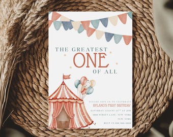 First Birthday Circus Invitation | The Greatest One Invite | Carnival Birthday Party | Vintage Circus Theme | Editable Canva Template