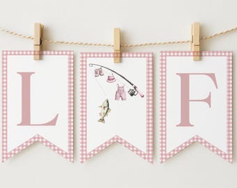 Fishing Baby Shower Banner, Girl Fishing Baby Shower Banner, Pink Baby Shower Banner, Little Fisherman Banner, Editable Canva Template b04f