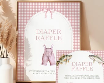 Fishing Baby Shower Diaper Raffle Sign, Girl Fishing Baby Shower Diaper Raffle Tickets, Editable Canva Template b04f