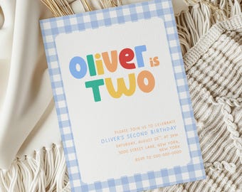 Second Birthday Invitation Template | Editable Two Birthday Invite | Blue Gingham Birthday Invitation | Retro Toddler Party | Canva Template