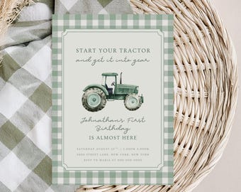 Tractor First Birthday Invitation Template | Farm Birthday Invite | Tractor Birthday Party | Green Gingham First Birthday
