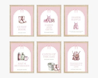 Fishing Baby Shower Signs, Girl Fishing Baby Shower Decor, Printable Baby Shower Signs, Fishing Party Signs, Editable Canva Template b04f