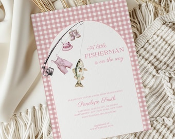 Plantilla de Canva para invitación de baby shower "Pequeño Pescador", invitación de baby shower con temática de pesca, invitación de baby shower para niña, plantilla editable de Canva.