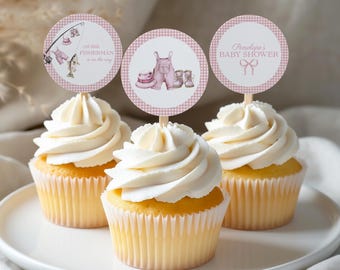 Fishing Baby Shower Cupcake Toppers, Girl Fishing Baby Shower Decor, Pink Fishing Cupcake Picks, Canva Editable Template b04f