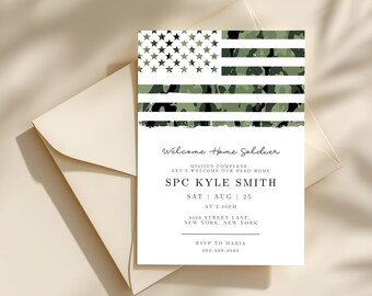 Plantilla de Canva para invitación de bienvenida a casa para soldados, invitación a fiesta de bienvenida militar, celebración de bienvenida al ejército, plantilla editable de Canva.