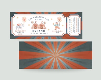 Vintage Circus First Birthday Invitation | Carnival Ticket Invite | Greatest Show Birthday | One Circus Party | Canva Editable Template