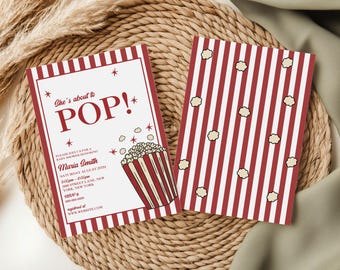 Plantilla de Canva para invitación de baby shower "A punto de explotar", invitación de baby shower con temática de palomitas de maíz, invitación de baby shower "Listo para explotar", plantilla editable de Canva.