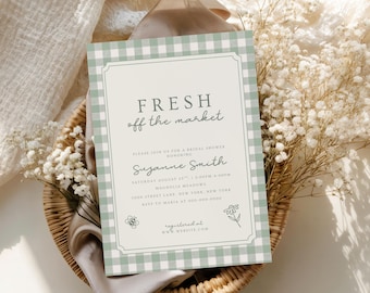 Fresh Off The Market Bridal Shower Invitation Template, Editable Canva Invite, Green Gingham Bridal Shower Invite, Farmers Market Theme